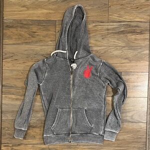 Charcoal Zip-Up Hoodie with Red Peace Sign